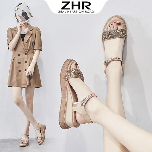 ZHR坡跟凉鞋女款2022年夏季新款平底网红超火厚底水钻时装松糕鞋 商品图0