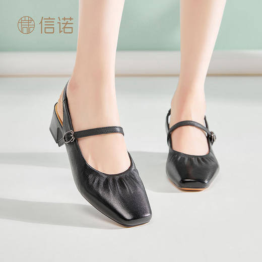 信诺羊皮粗跟包头凉鞋女2025夏季新款优雅时尚法式方头一字带凉鞋X5C032-58 商品图6