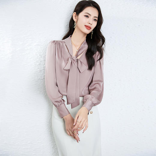 丁摩桑蚕丝衬衣女春季新款重磅真丝双乔法式V领蝴蝶结衬衫高级感上衣AL25013 商品图6