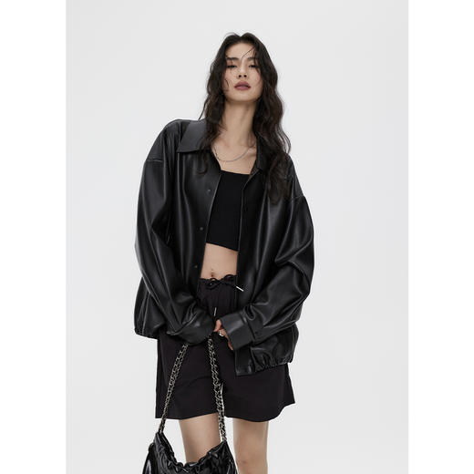 棉仓3461027002-蛋白PU皮翻领JI简设计衬衫式夹克外套 商品图1