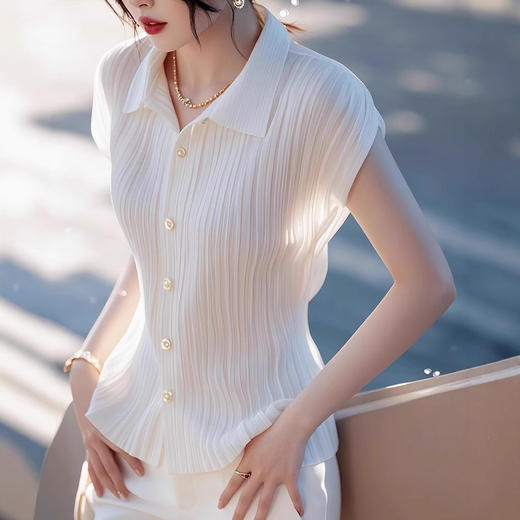 雀说法式优雅超好看翻领短袖衬衫女夏季款别致超好看气质薄款上衣AL 商品图3