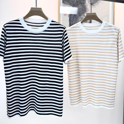 火桐hooton 莱赛尔桑蚕丝条纹圆领短袖T恤G039 商品图1