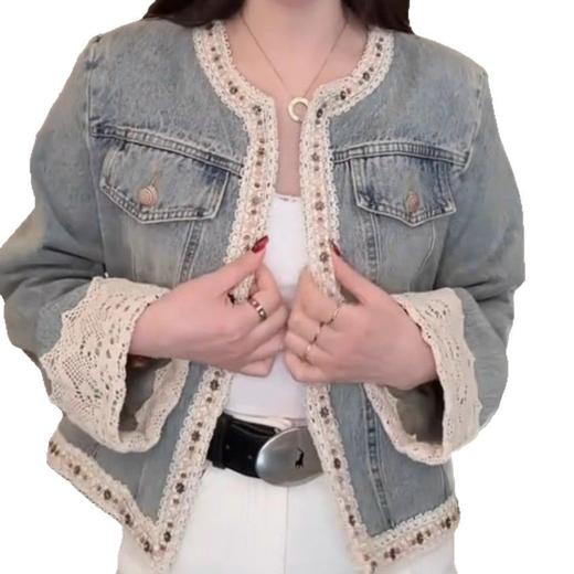 雀说新款气质显瘦百搭牛仔外套圆领钉珠拼接蕾丝高品质牛仔外套AL 商品图4