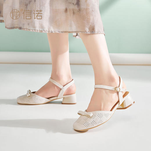 信诺真皮包头凉鞋女夏季新款粗跟后空女鞋时尚镂空通勤一字带单鞋X5L137-102 商品图6