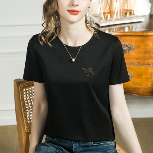雀说高端新款立体刺绣蝴蝶丝光棉t恤女夏季ins潮修身圆领短袖气质上衣ALM735 商品图5