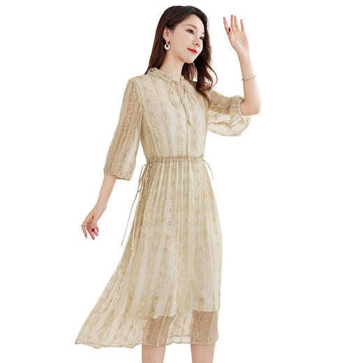 QS-82599608【100%真丝】减龄显瘦顺纡绣花连衣裙中长款A字桑蚕丝连衣裙9608 商品图4