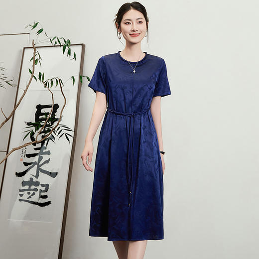 TC 54802新中式国风连衣裙遮肚显瘦提花缎面系带裙 商品图1