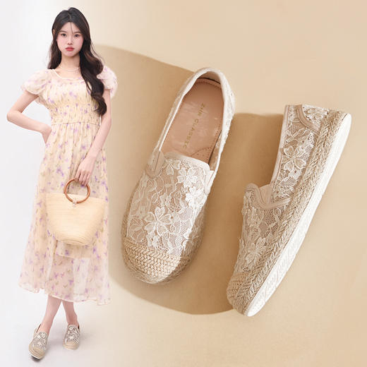 ZHR渔夫鞋女2025夏季新款蕾丝镂空懒人一脚蹬平底单鞋女W116 商品图0