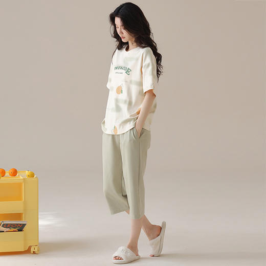 【免穿文胸】2025新款短袖七分裤睡衣套装 100%纯棉薄款春夏家居服休闲舒适可外穿 商品图6