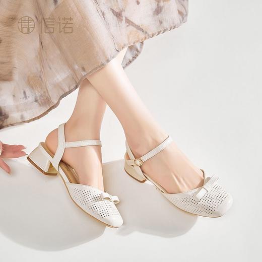 信诺真皮包头凉鞋女夏季新款粗跟后空女鞋时尚镂空通勤一字带单鞋X5L137-102 商品图7