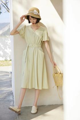 Le Malene 气质舒适淡绿色泡泡袖收腰显瘦连衣裙 18196