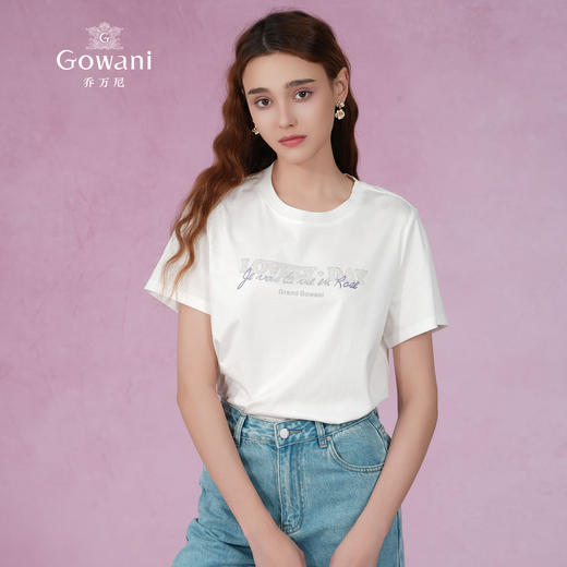 乔万尼短袖t恤女新款爆款烫钻纯棉白色正肩EM2C845 商品图1