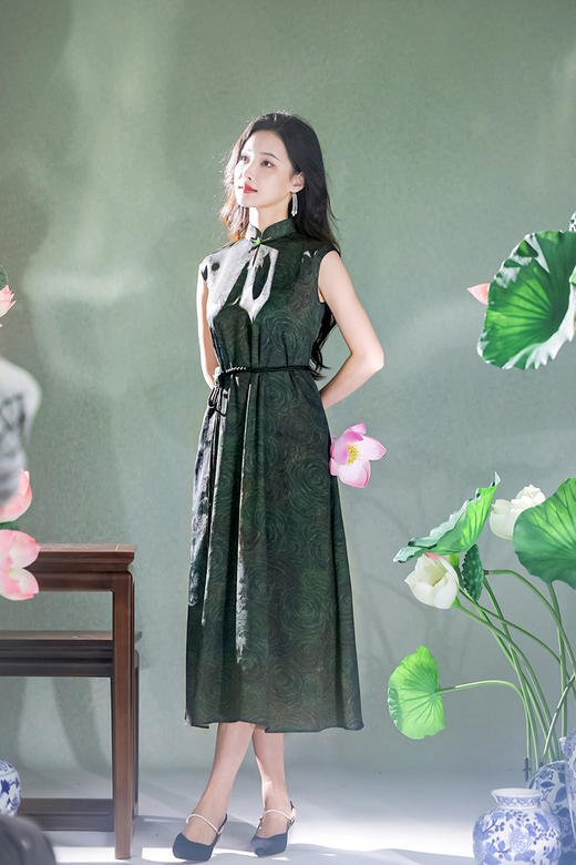 逸红颜明月优选#金绫缎连衣裙「绿玫瑰」江南烟雨入画来的自然美，赠送腰带 商品图9