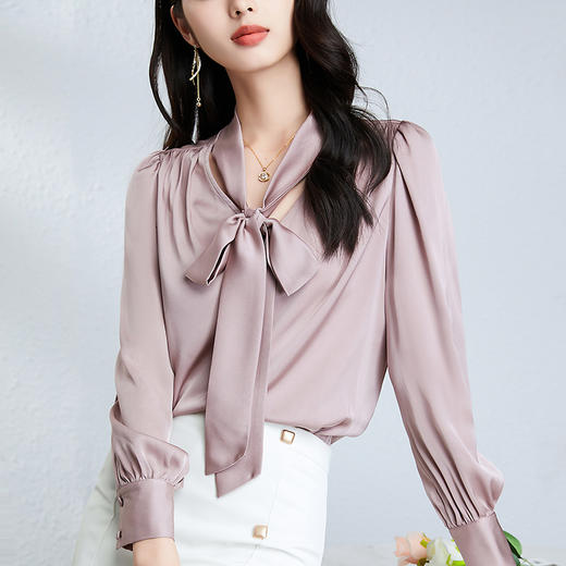 丁摩桑蚕丝衬衣女春季新款重磅真丝双乔法式V领蝴蝶结衬衫高级感上衣AL25013 商品图0