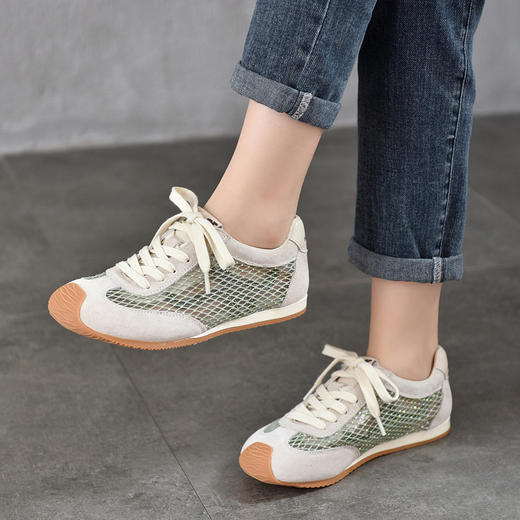 TN T6733-59糖果色透气网面系带休闲鞋真皮软底阿甘鞋运动风网鞋 商品图0