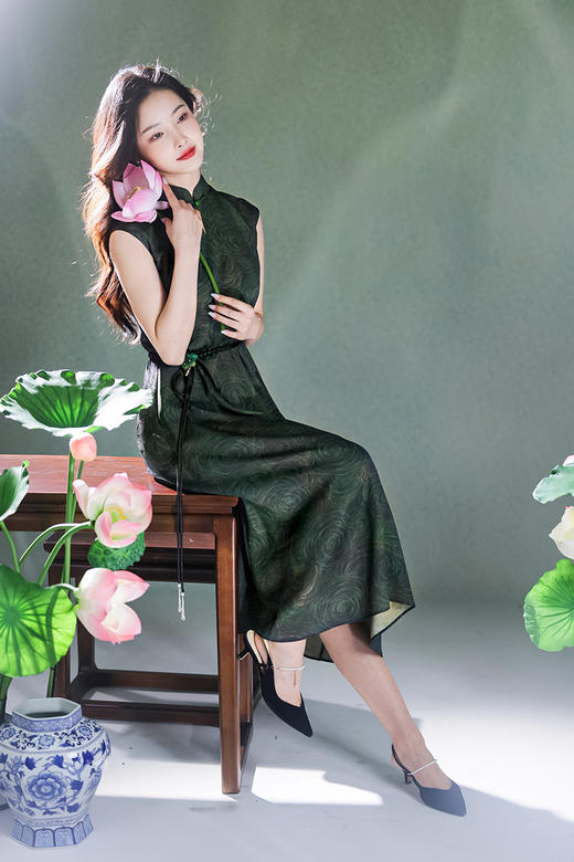 逸红颜明月优选#金绫缎连衣裙「绿玫瑰」江南烟雨入画来的自然美，赠送腰带 商品图4
