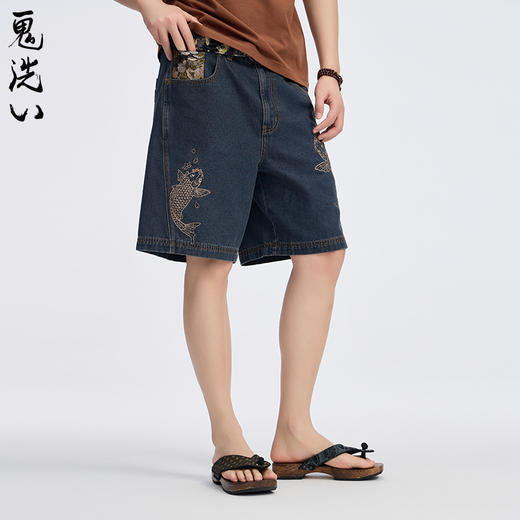 ONIARAI/鬼洗25春夏新品泥棒蓝双鱼刺绣牛仔男式短裤 25N0546 商品图1
