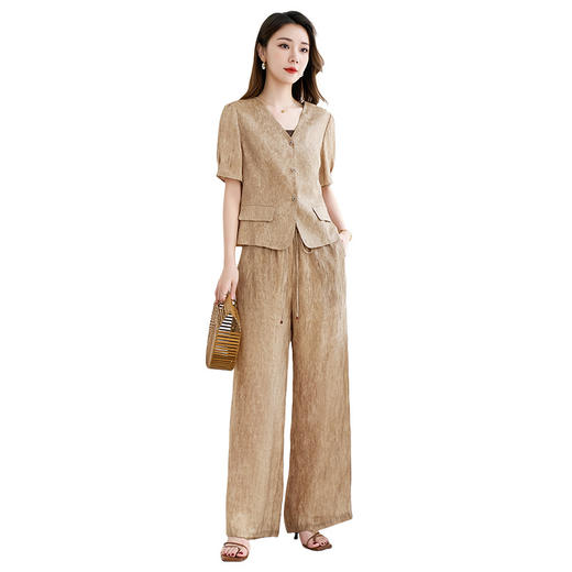 QS-62599792+42599516【桑蚕丝+亚麻】丝麻混纺短款小衫长裤套装女通勤休闲西裤套装女 商品图4