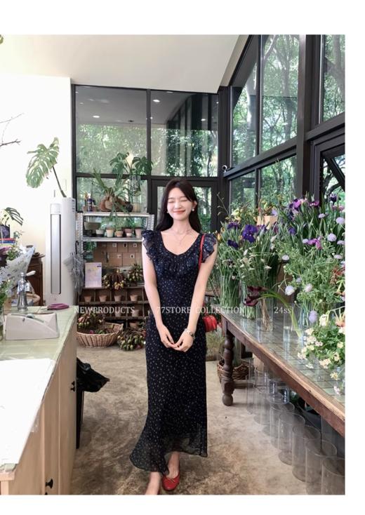 ✨前后2穿🦋领口经过设计师严格把控【法式荷叶边碎花连衣裙】附身不会走光无袖设计，荷叶边花边小飞袖 商品图2