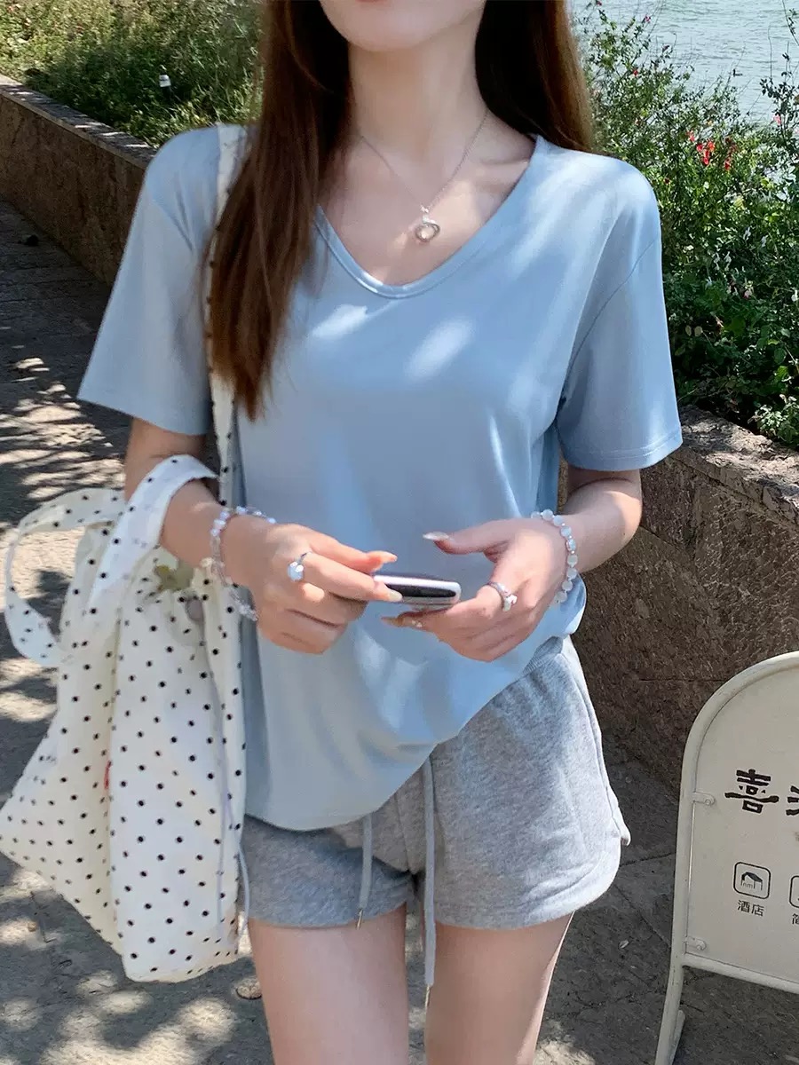 【YW】无忧购韩系简约大领口宽松休闲百搭面膜短袖T恤833