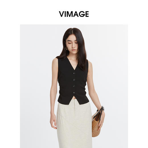 VIMAGE纬漫纪时尚通勤抽褶收腰V领显瘦马甲无袖上衣夏季新款VB2413304 商品图3