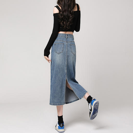 雀说梨型身材牛仔半身裙新款高腰复古小个子中长开叉A字裙AL709 商品图4