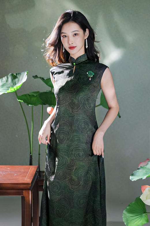 逸红颜明月优选#金绫缎连衣裙「绿玫瑰」江南烟雨入画来的自然美，赠送腰带 商品图12