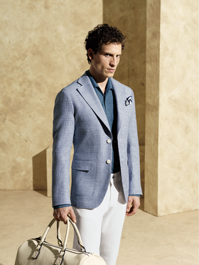 Stylbiella 56%棉44%亚麻灰蓝/灰绿亲王格全麻衬单西