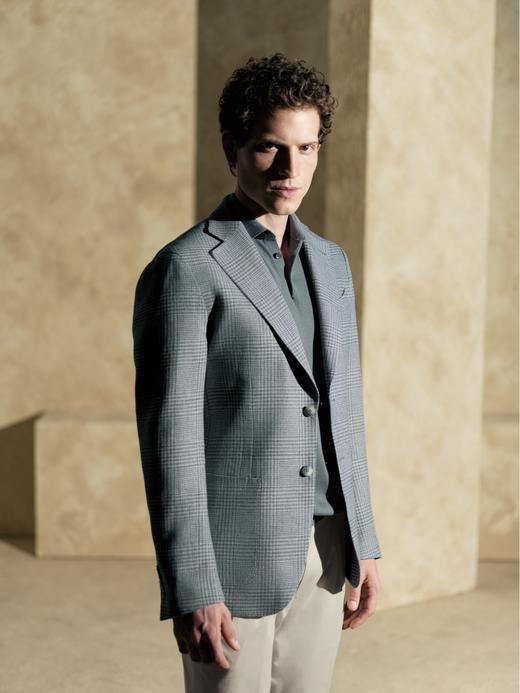 Stylbiella 56%棉44%亚麻灰蓝/灰绿亲王格全麻衬单西 商品图3