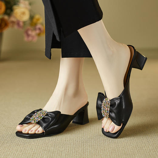 【预售5天】米白色软羊皮蝴蝶结一字带高跟拖鞋女外穿夏季软皮仙女风露趾凉鞋DSFG&1696 商品图3