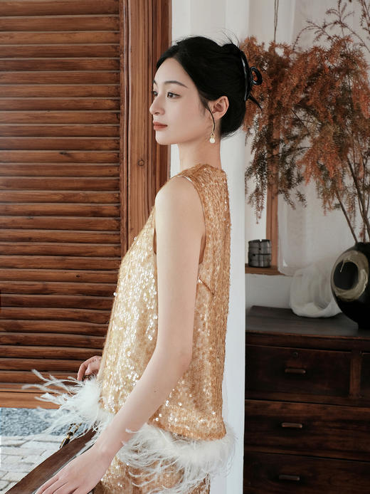 盛唐牡丹| 流苏亮片真丝鸵鸟毛马甲（鸵鸟毛可拆卸） 商品图7