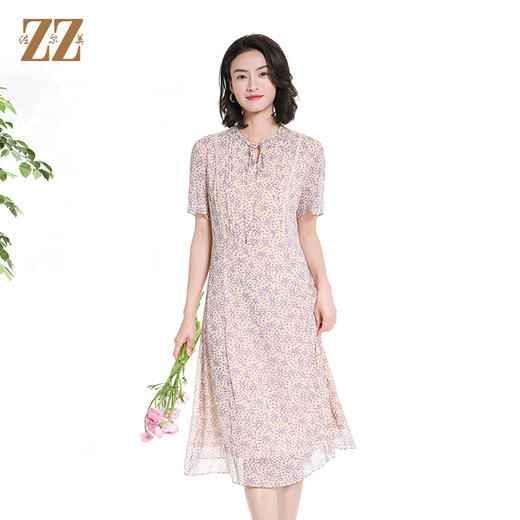 佐尔美夏季新款时尚气质碎花桑蚕丝短袖连衣裙女M42LS48 商品图0