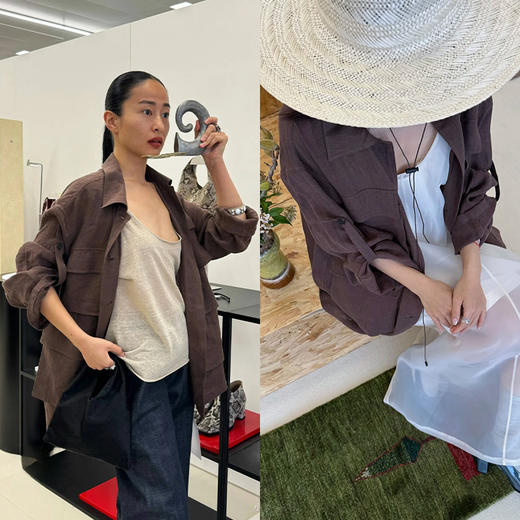 HIDEMI 水洗做旧感亚麻立体口袋猎装廓形薄外套阔腿裤两件套套装 商品图5