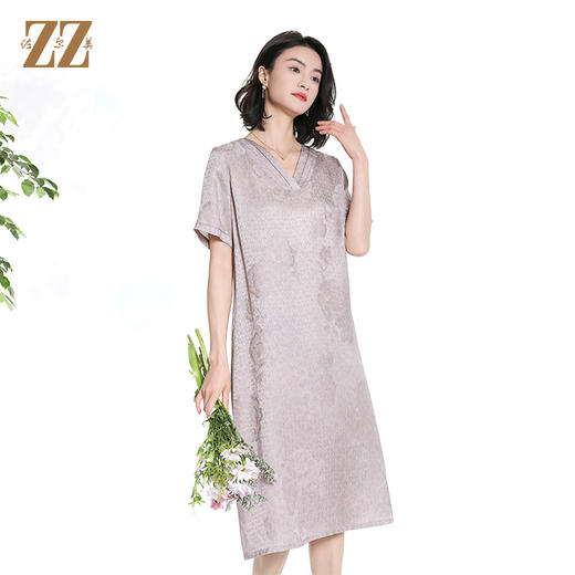 佐尔美夏季新款新中式气质印花桑蚕丝短袖连衣裙女M42LS58 商品图1