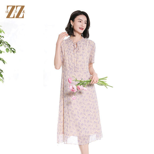 佐尔美夏季新款时尚气质碎花桑蚕丝短袖连衣裙女M42LS48 商品图2