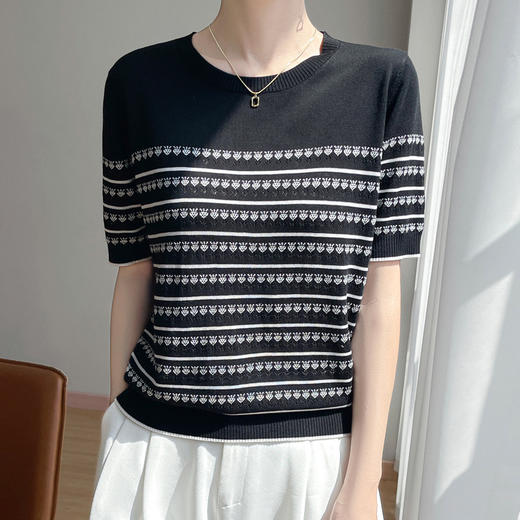 【莱赛尔天丝钻石镂空条纹短袖 圆领】新款短袖天丝夏季女针织T恤时尚针织衫百搭圆领薄款撞色条纹上衣 商品图3