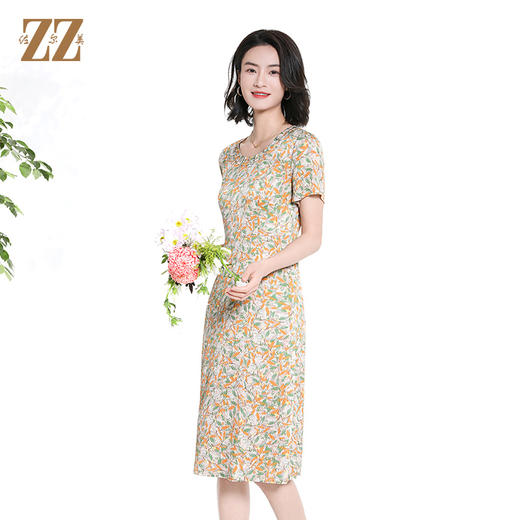 佐尔美夏季新款时尚气质碎花桑蚕丝短袖连衣裙女M42LS55 商品图2