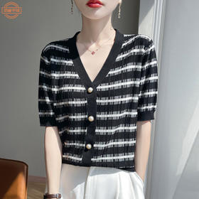 【天丝小香风珍珠扣开衫】夏清爽天丝开衫短袖女V领坎肩外搭条纹拼色曲珠针织半袖T恤空调衫