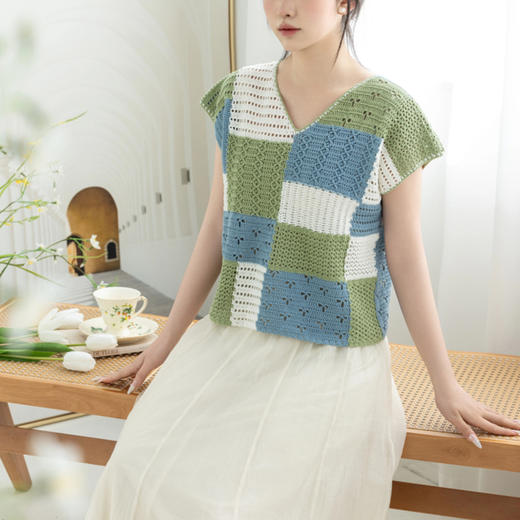 苏苏姐家格趣拼色短袖手工diy钩针编织棉麻上衣毛线团材料包 商品图2