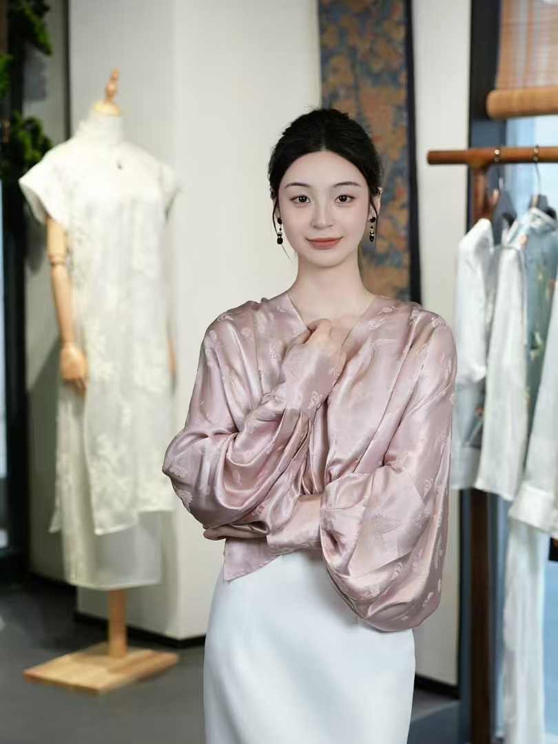 盛唐牡丹 | 粉色蝶恋花/紫色喜鹊缠枝真丝提花褶皱上衣