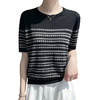 【莱赛尔天丝钻石镂空条纹短袖 圆领】新款短袖天丝夏季女针织T恤时尚针织衫百搭圆领薄款撞色条纹上衣 商品缩略图4