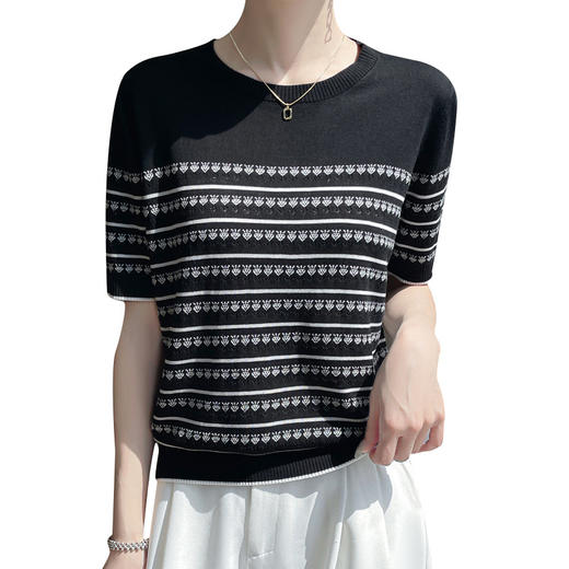 【莱赛尔天丝钻石镂空条纹短袖 圆领】新款短袖天丝夏季女针织T恤时尚针织衫百搭圆领薄款撞色条纹上衣 商品图4