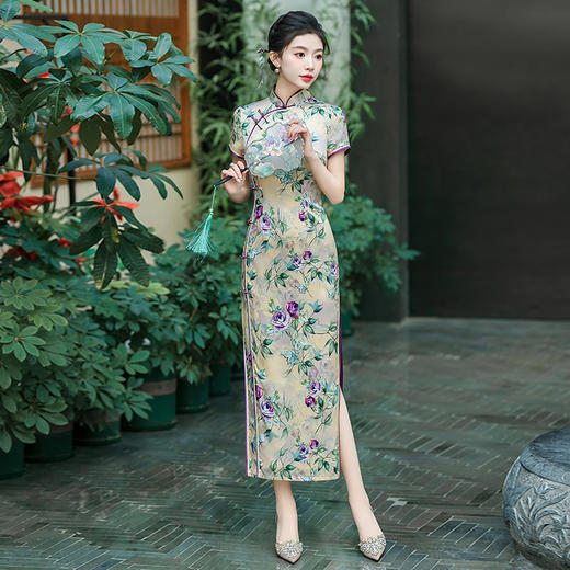 WX-ZS-2502春季新款真丝旗袍中式桑蚕丝连衣裙手工缝制送考宴席日常可穿 商品图0