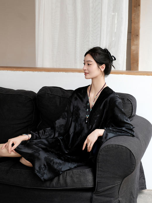 盛唐牡丹| 黑色小凤凰纹冠乐绉女裙 商品图5