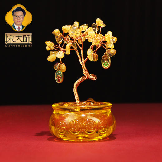 宋韶光大师新款黄水晶粉水晶聚宝盆发财树家居客厅办公室桌面创意摆件 商品图1