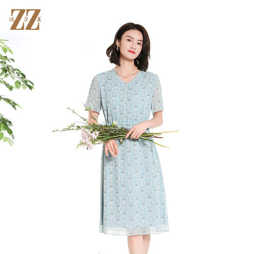佐尔美夏季新款时尚气质碎花桑蚕丝短袖连衣裙女M42LS46 商品图0