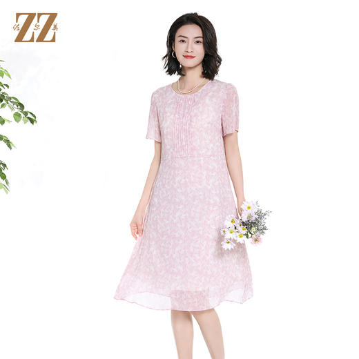 佐尔美夏季新款时尚气质碎花桑蚕丝短袖连衣裙女M42LS50 商品图4