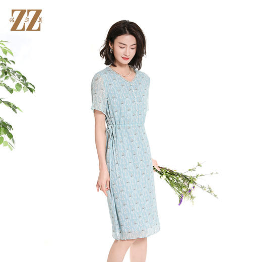 佐尔美夏季新款时尚气质碎花桑蚕丝短袖连衣裙女M42LS46 商品图2