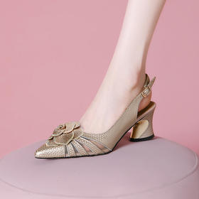 【预售5天】真皮包头后空凉鞋女夏新款粗跟精致水钻花朵镂空单鞋一字带高跟鞋SY&F272