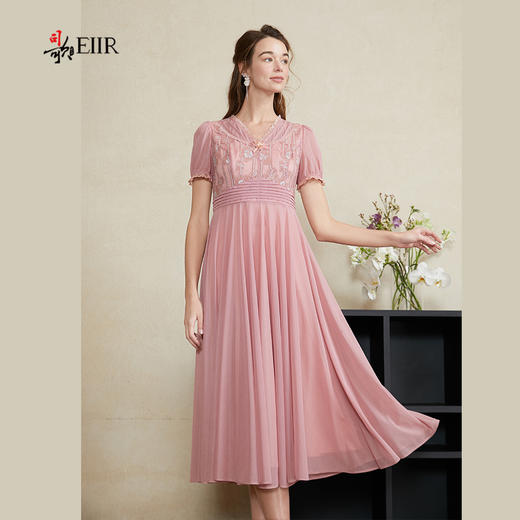 司歌绣花连衣裙拼雪纺短袖收腰A911104X 商品图4